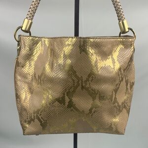 Adrienne Vittadini Gold Leather Snake Print shoulder Bag Braided Strap Gold Logo